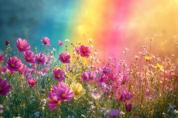 A meadow bathed in radiant embrace of a resplendent rainbow