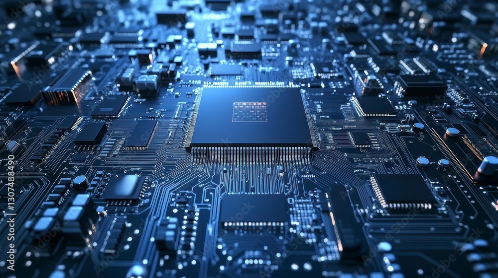 Poster circuit board with central processor. high-tech integrated circuit. possible use technology stock ph