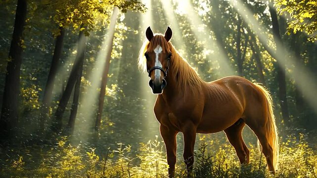 Majestic Chestnut Horse in Sunlit Forest
