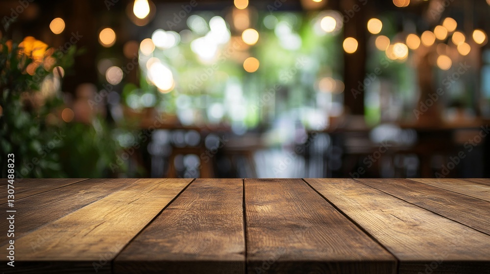 Poster an empty wooden table stands ready for delightful moments, surrounded by soft lights and a blurred b