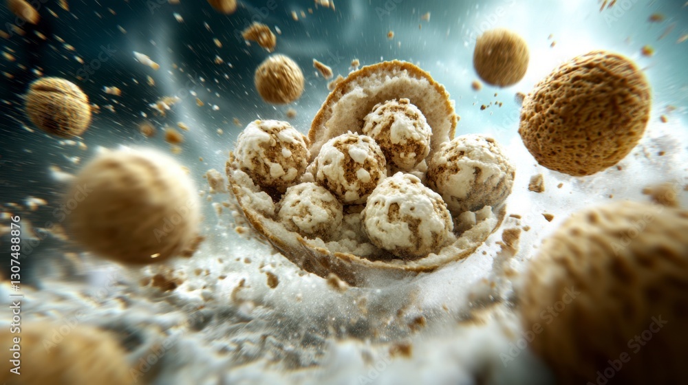 Poster exploding sphere filled with smaller spheres, dynamic motion, light and shadow play, beige and white