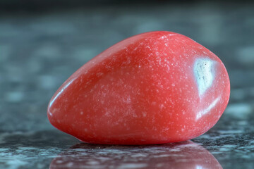Bright red gemstone resting on a polished black countertop showcasing natural beauty and smooth texture