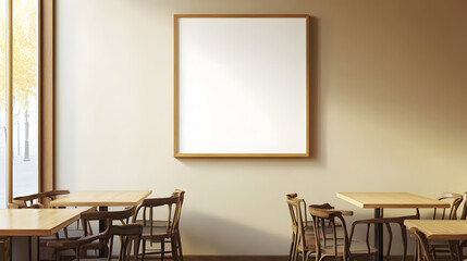 A photo of a large wooden picture frame on the wall in a minimalistic, modern mud cafe
