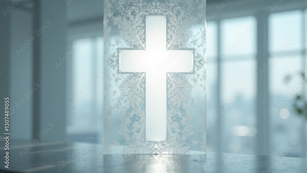 Poster cross in a building with large windows.