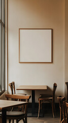 A photo of a large wooden picture frame on the wall in a minimalistic, modern mud cafe
