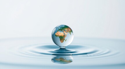 clear water droplet displays a tiny highly detailed Earth