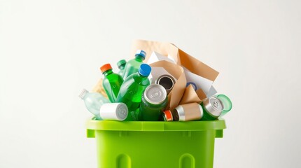 green recycling bin overflowing with neatly sorted recyclable items plastic bottles, paper, aluminum cans