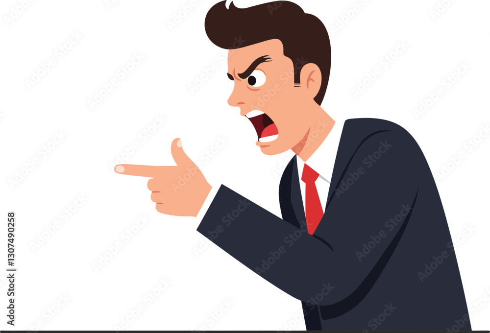 Poster angry businessman in a suit expressing frustration while pointing emphatically in a flat and minimal