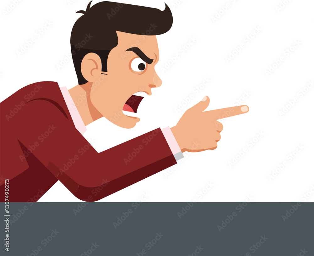 Poster a frustrated businessman in a red suit angrily points while shouting at a desk in a minimal flat vec