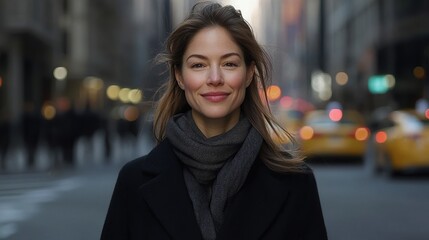 Fototapeta premium Woman in black coat and scarf smiles in lively city street filled with people and taxis during a sunny day