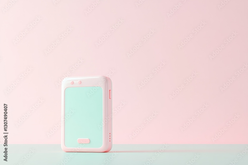 Poster pastel-colored kawaii tech device on clean background minimalistic display with ample copy space for