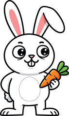 Obraz premium Cute cartoon rabbit holding a vibrant orange carrot in a cheerful flat design style vector illustration