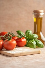 rustic italian kitchen table set with array of traditional vibrant mediterranean ingredients awaiting preparation