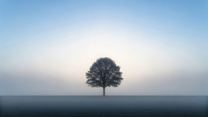 a solitary tree stands tall against a misty sunrise, its branches reaching towards the heavens, creating a sense of peace and solitude