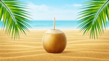 Obraz premium a refreshing coconut drink, a perfect tropical escape. the coconut sits on a sandy beach, with lush palm leaves framing the scene. the coconut has a straw sticking out of it, ready for sipping.