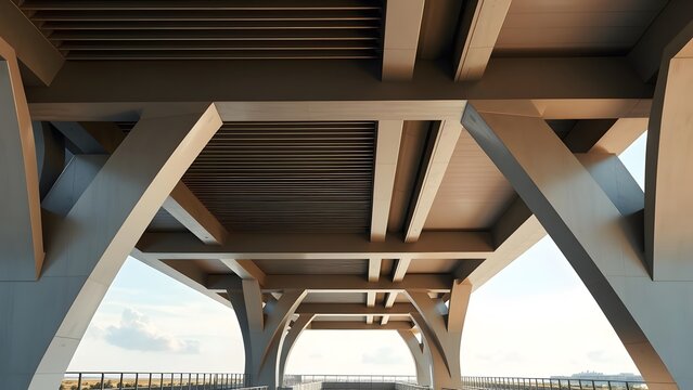 Stunning view of modern bridge architecture from below, highlighting engineering excellence and innovative structural design in an urban setting.  