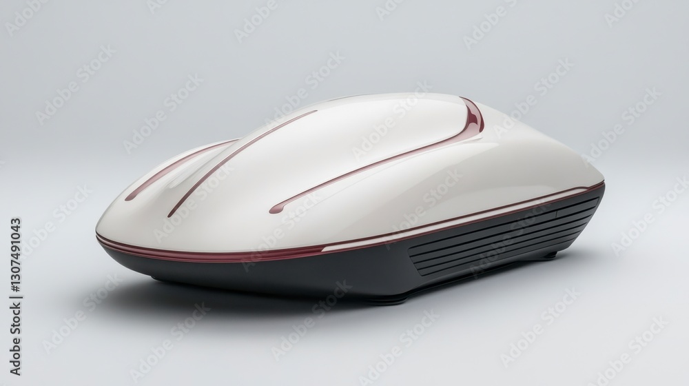 Poster sleek, futuristic design of a white and dark gray device with maroon accents, isolated on a light gr