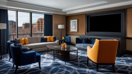 A luxury hotel suite with a home theater system, plush seating, and soundproof walls for an immersive entertainment experience.