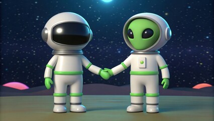 astronaut shaking hand with an alien in space with planets background. They are both wearing spacesuits 