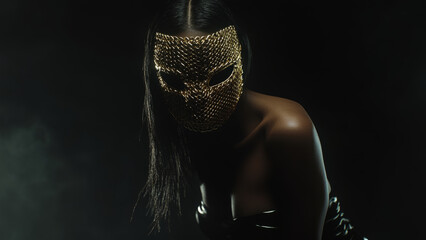 A mysterious woman wearing a golden metallic mask in a dark and moody setting