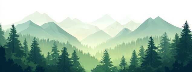 A misty mountain landscape with a dense forest in the foreground.