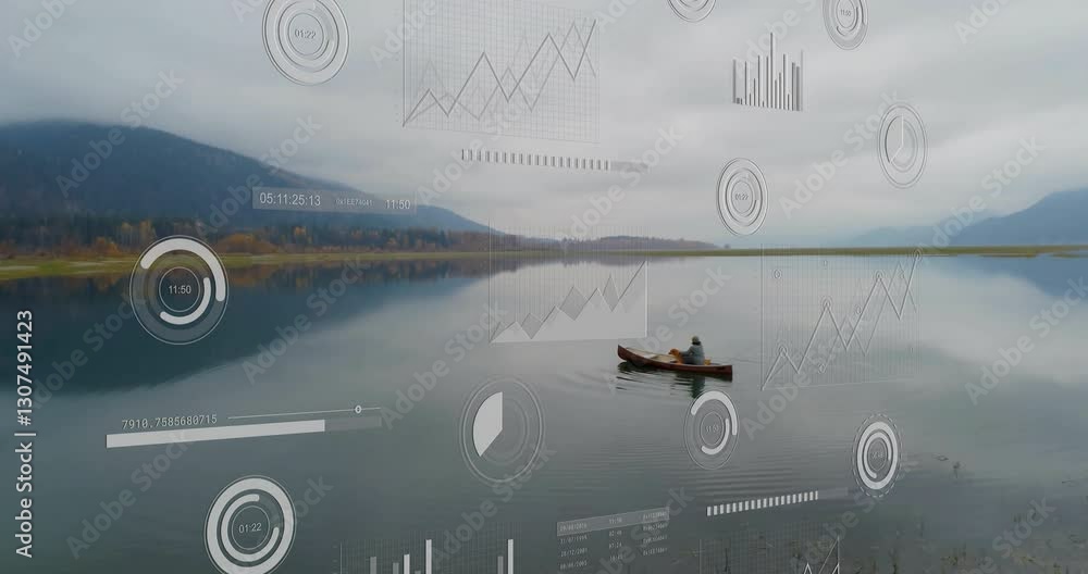 Poster on calm lake, canoe with animation graphics overlaying data visualization scene
