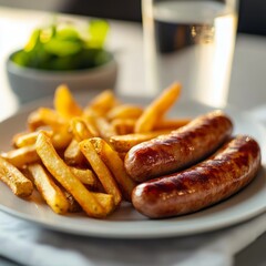 Two Brown Sausages Served with Golden Fried Potatoes on a White Plate