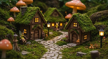 Fototapeta premium A miniature fantasy village with moss-covered cottages, glowing lanterns, and oversized mushrooms, creating a magical fairy-tale scene.