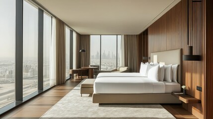 A spacious luxury hotel suite featuring floor-to-ceiling windows with panoramic city views, elegantly furnished with a king-sized bed and modern decor.