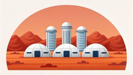 futuristic martian colony. The illustration depicts a group of geodesic domes and cylindrical structures, surrounded by rusty red landscape.