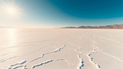 Vast white salt desert landscape with cracked earth under bright sun and blue sky.  