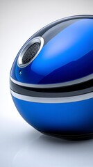 Fototapeta premium Close up of a glossy blue sphere with black and silver accents, showing a speaker grill. Studio lighting creates reflections on the smooth surface.