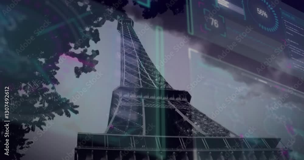 Poster digital data processing animation overlaying sky with eiffel tower in view