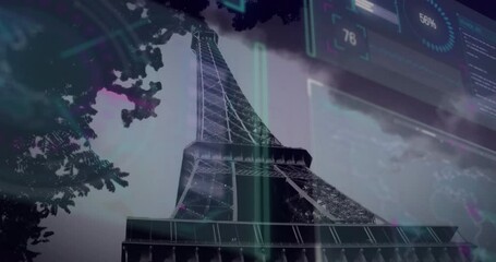 Digital data processing animation overlaying sky with Eiffel Tower in view - Powered by Adobe