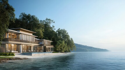Obraz premium Modern beachfront hotel facade with balconies facing the sea, surrounded by well-manicured tropical landscaping.
