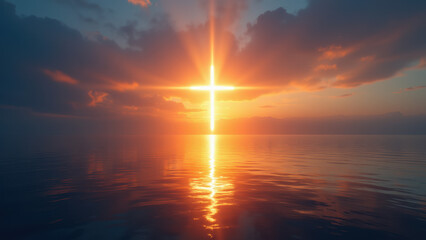 "A serene ocean sunset featuring a radiant sun with cross silhouette casting on water."