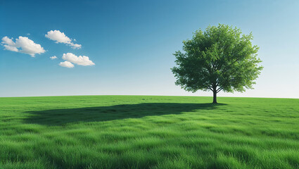 Fototapeta premium Lonely tree standing in a green field under blue sky