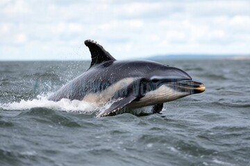 Fototapeta premium A pod of dolphins swimming alongside a humpback whale, enjoying the currents