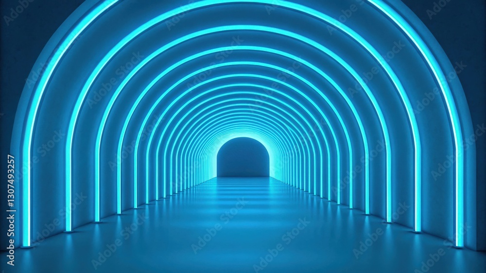 Poster an illuminated blue tunnel with arched design, creating a futuristic and mesmerizing pathway