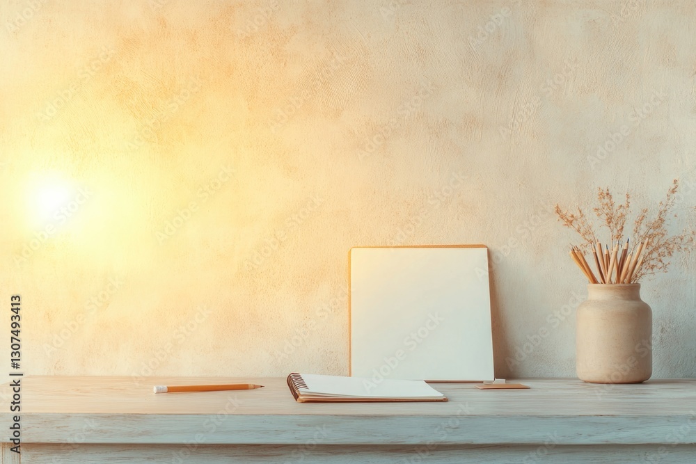 Poster serene workspace with empty desk neatly arranged stationery blank notebook open and soft light illum