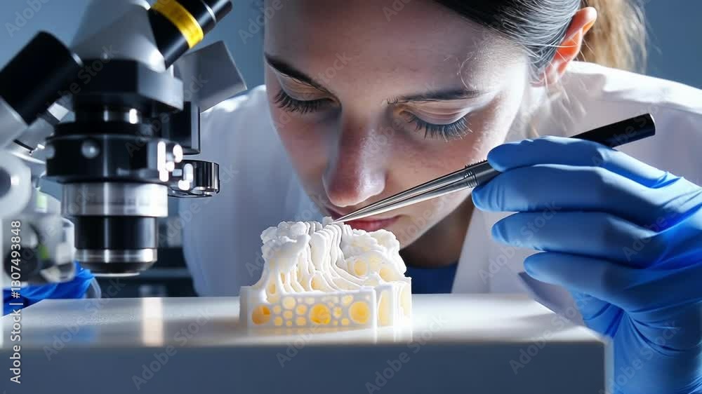Poster scientist carefully examines a 3d printed model using tweezers under a microscope. the focus is on p