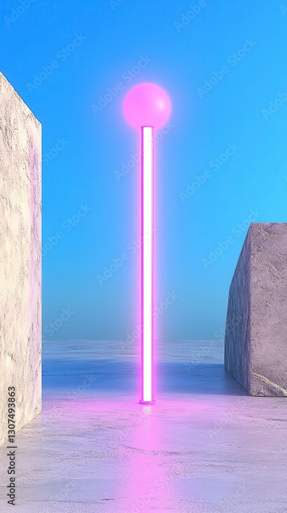 Poster glowing pink light column with sphere on top, standing between two textured light grey structures on