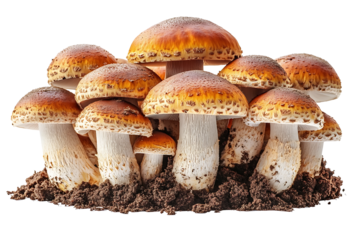 Autumn mushrooms on the ground, isolated on a transparent background. PNG