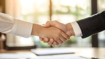 Two executives shaking hands from a low angle, against a backdrop of sky through an office window.