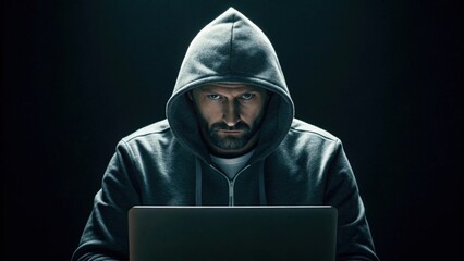 a man in a hoodie, eyes staring intently at laptop