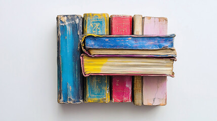 Naklejka premium Antique Book Collection: A vibrant stack of well-worn, colorful vintage books, showcasing their aged charm and the beauty of knowledge through the ages.