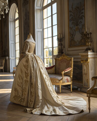 Naklejka premium Vintage embroidered wedding gown displayed in historical room