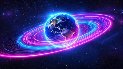 Obraz premium Digital Earth Globe with Glowing Rings in Space, Global Network Concept