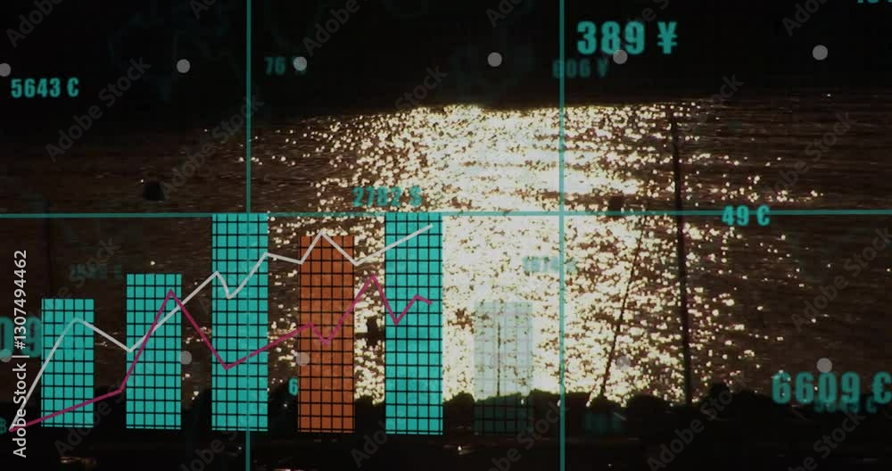 Poster Bar chart and line graph animation over shimmering water background