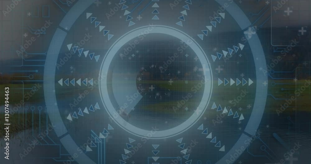 Poster animation of futuristic circular interface with arrows and symbols in school setting